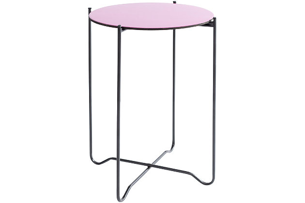 Every sofa’s sidekick, end tables display decor, hold TV remotes or beverages, and round out seating ensembles in style. This presentation of modern form features a metal base and a solid pink circular tabletop, for a look that will completely revitalize your decor space.Made of metal and engineered wood | Base with black finish | Tabletop with pink finish | Handcrafted