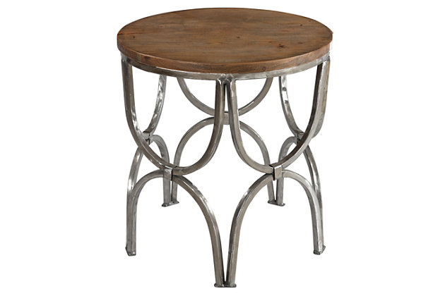 Rustically refined style is shaping up beautifully in this round end table. Its solid wood tabletop with a rich golden brown finish is accented with an aged sturdy steel framework, showcasing a weathered charm that feels right at home.Made of mango wood and steel | Tabletop with golden brown finish | Frame with pewter-tone finish | Indoor use only | No assembly required | Imported