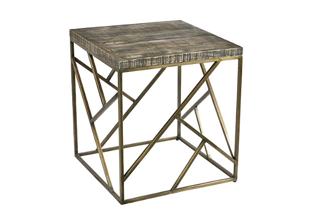 When it's time to unwind, there is no better place than next to this angled iron end table. The table is 22 inches square, ensuring plenty of room for your favorite beverage, books or remote controls. The solid mango wood top is hand rubbed and texturized with a soft ebony finish, creating an intriguing depth while allowing the beautiful wood grain to still shine through.Made of mango wood and iron | Handcrafted | Tabletop with ebony finish | Metal base with natural distressing marks and aged goldtone finish | Indoor use only | No assembly required | Imported