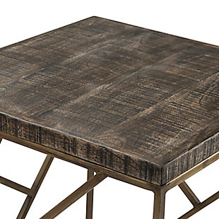 When it's time to unwind, there is no better place than next to this angled iron end table. The table is 22 inches square, ensuring plenty of room for your favorite beverage, books or remote controls. The solid mango wood top is hand rubbed and texturized with a soft ebony finish, creating an intriguing depth while allowing the beautiful wood grain to still shine through.Made of mango wood and iron | Handcrafted | Tabletop with ebony finish | Metal base with natural distressing marks and aged goldtone finish | Indoor use only | No assembly required | Imported
