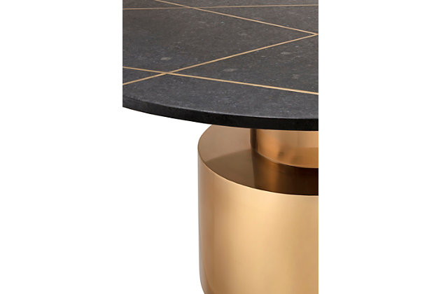 Add a fashion-forward touch of geometry to your living room with this well-rounded coffee table. An absolute stunner, this table is an instant eye-catcher. Perched upon a pedestal base, its black marble top boasts a goldtone geometric design. The result is the ultimate designer piece for lovers of contemporary style.Made of metal and marble | Handcrafted | Black marble tabletop | Pedestal base with brass-tone finish | Matching side table available; sold separately | Minor assembly required | Ships in 2 boxes