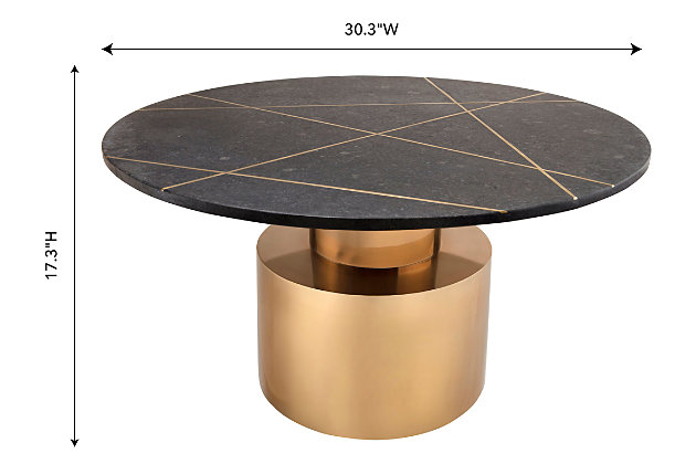 Add a fashion-forward touch of geometry to your living room with this well-rounded coffee table. An absolute stunner, this table is an instant eye-catcher. Perched upon a pedestal base, its black marble top boasts a goldtone geometric design. The result is the ultimate designer piece for lovers of contemporary style.Made of metal and marble | Handcrafted | Black marble tabletop | Pedestal base with brass-tone finish | Matching side table available; sold separately | Minor assembly required | Ships in 2 boxes