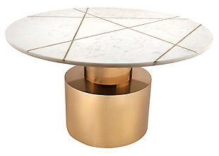 Add a fashion-forward touch of geometry to your living room with this well-rounded coffee table. An absolute stunner, this table is an instant eye-catcher. Perched upon a pedestal base, its white marble top boasts a goldtone geometric design. The result is the ultimate designer piece for lovers of contemporary style.Made of metal and marble | Handcrafted | White marble tabletop | Pedestal base with brass-tone finish | Matching side table available; sold separately | Minor assembly required | Ships in 2 boxes