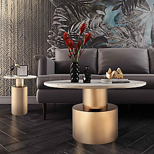 Add a fashion-forward touch of geometry to your living room with this well-rounded coffee table. An absolute stunner, this table is an instant eye-catcher. Perched upon a pedestal base, its white marble top boasts a goldtone geometric design. The result is the ultimate designer piece for lovers of contemporary style.Made of metal and marble | Handcrafted | White marble tabletop | Pedestal base with brass-tone finish | Matching side table available; sold separately | Minor assembly required | Ships in 2 boxes