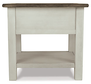 Whether your style is farmhouse fresh, shabby chic or country cottage, you’ll find the Bolanburg end table dressed to impress. Its two-tone, gently distressed finish pairs weathered oak with antique white for that much more quaint character. Charming elements include a plank-and-frame style top, black faceted hardware and a smooth-gliding drawer for remote controls and more.Made of veneers, wood and engineered wood | Two-tone finish (weathered oak over antique white) | Plank-style top | Smooth-gliding drawer | Black faceted hardware | Estimated Assembly Time: 15 Minutes