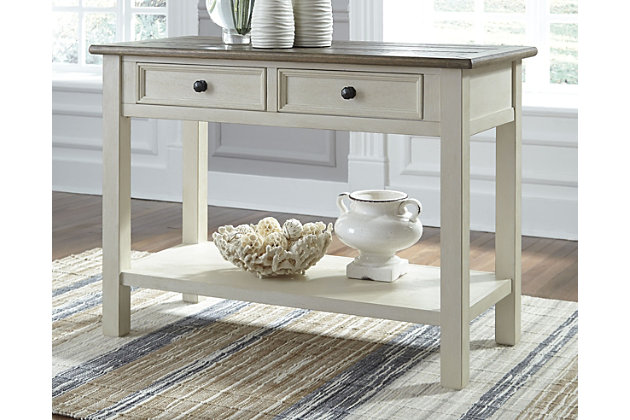 Store and showcase your favorite things with the Bolanburg sofa table. Its textured antique white finish creates a vintage two-tone look that will endure for years.Made of veneers, wood and engineered wood | Two-tone antiqued finish | Metal hardware | 2 smooth-gliding drawers | Minor assembly required | Estimated Assembly Time: 30 Minutes