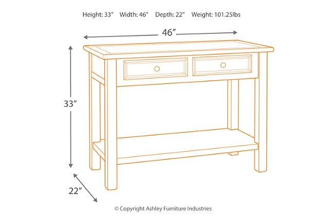 Store and showcase your favorite things with the Bolanburg sofa table. Its textured antique white finish creates a vintage two-tone look that will endure for years.Made of veneers, wood and engineered wood | Two-tone antiqued finish | Metal hardware | 2 smooth-gliding drawers | Minor assembly required | Estimated Assembly Time: 30 Minutes