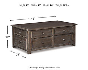 Inspired by heavy and hearty lodge-style furnishings from days gone by, the Wyndahl lift top coffee table brings the past brilliantly into the present. Distinctive details include robust mouldings, raised drawer fronts for rich dimension and a distressed aged pine color finish with light wire-brushed texture that’s pure artistry. The table’s spring lift top—perfect for impromptu meals and laptop work—makes this yesteryear-inspired piece made for the here and now.Made of pine wood, veneers and engineered wood | Distressed finish | Spring-lift top | 4 smooth-gliding drawers with dovetail construction | No assembly required