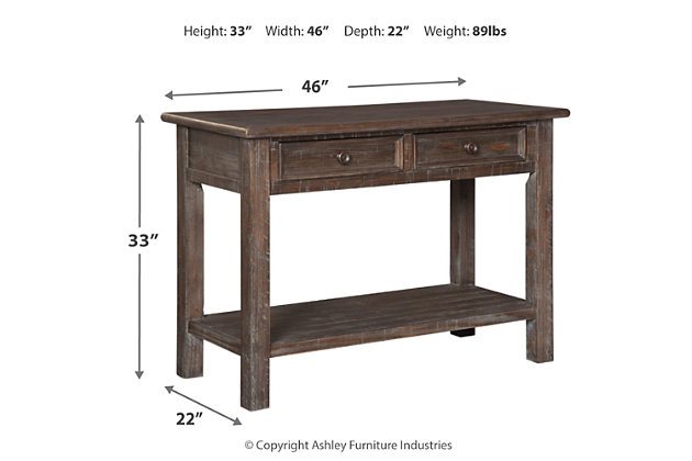 Inspired by heavy and hearty lodge-style furnishings from days gone by, the Wyndahl sofa table brings the past brilliantly into the present. Distinctive details include a stocky, linear profile, plank-effect display shelf and a distressed aged pine color finish with light wire-brushed texture that’s pure artistry.Made of pine wood, veneers and engineered wood | Distressed aged pine color finish with light wire brushed texture | Single display shelf | 2 smooth-gliding drawers with dovetail construction | Assembly required | Estimated Assembly Time: 30 Minutes