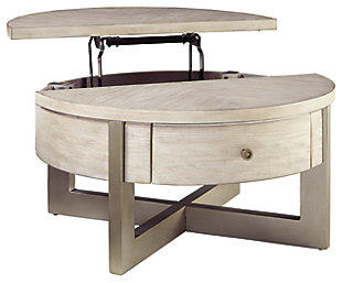 With its drum design and minimalist chic aesthetic, the delightfully simple Urlander lift top coffee table represents clean living at its best. Whether gracing an urban loft or a modern farmhouse, what a perfect way to round out your rustic style. Convenient lift top design transforms your space into an instant workplace.Made of wood, veneer and engineered wood | Spring-lift top | Whitewash finish with metallic legs and knob | Smooth-gliding drawer | Assembly required | Estimated Assembly Time: 30 Minutes