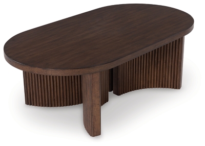 3/4 view of oval coffee table on white
