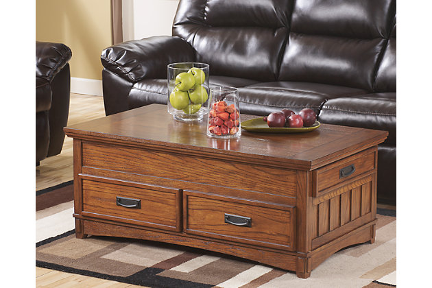 If you’re on a mission to warm up your space with rustic refinement, the Mission-inspired Cross Island lift top coffee table is packed with possibilities. A handy spring-loaded mechanism brings the tabletop to you. Casters offer the option of added flexibility. Front and side drawer space make it a handy hiding spot.Made of veneers, wood and engineered wood | Hand-finished | Iron-tone hardware | 4 drawers | Lift top table | Casters for easy movement | Assembly required