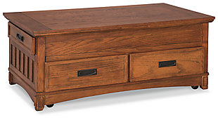 If you’re on a mission to warm up your space with rustic refinement, the Mission-inspired Cross Island lift top coffee table is packed with possibilities. A handy spring-loaded mechanism brings the tabletop to you. Casters offer the option of added flexibility. Front and side drawer space make it a handy hiding spot.Made of veneers, wood and engineered wood | Hand-finished | Iron-tone hardware | 4 drawers | Lift top table | Casters for easy movement | Assembly required