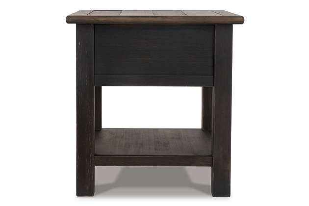 Shabby chic with a hint of down home country. The Tyler Creek rectangular end table with textured black finish is all the talk of today’s design world. Wood grain shows through the weathered gray-brown top in all of its earthy pleasure. Framed drawer is adorned with lovely traditional hardware.Made of solid and engineered wood and veneers | Dark bronze-tone hardware | 1 smooth-gliding drawer | 1 bottom shelf | Assembly required | Estimated Assembly Time: 15 Minutes