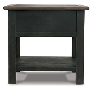 Shabby chic with a hint of down home country. The Tyler Creek rectangular end table with textured black finish is all the talk of today’s design world. Wood grain shows through the weathered gray-brown top in all of its earthy pleasure. Framed drawer is adorned with lovely traditional hardware.Made of solid and engineered wood and veneers | Dark bronze-tone hardware | 1 smooth-gliding drawer | 1 bottom shelf | Assembly required | Estimated Assembly Time: 15 Minutes