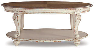 Elevating the art of traditional cottage styling, the Realyn oval coffee table is sure to serve you beautifully for years to come. Antiqued two-tone aesthetic blends a chipped white with a distressed wood finished top for added charm. Classic cabriole legs and shapely lower shelf are a lovely twist. Decorative corbels add refinement.Made of veneers, wood and engineered wood, with cast resin components | Antiqued two-tone finish | Fixed lower shelf | Assembly required | Estimated Assembly Time: 30 Minutes