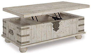 Unlock a quaint touch of farmhouse style and convenience in your living area with the Carynhurst lift top coffee table. Its design is inspired by the rugged looks of an antique storage trunk. Metal keyhole and bracket accents with rivets, a planked effect and large recessed bun feet dress up this charming piece. The distressed light gray finish enhances the wood's natural grain, which delivers a naturally aged feel. You’ll love its generous scale, offering a roomy top that's ideal for displaying accents and more. Lift the top and enjoy the accommodating work or dining surface. Under the lift top, there's a fully finished storage area—deeply spacious for organization.Made of reclaimed solid pine wood | Light gray wash finish | Planked and butcher block wood effect | Metal keyhole and bracket accents with rivets | 2 handles for easy positioning | 1 lift top with underneath storage | Bun feet | Assembly required | Estimated Assembly Time: 15 Minutes