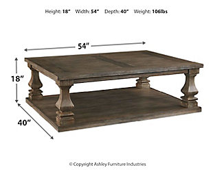 Homey. Hearty. Heavenly hued. Luring with a distressed weathered gray finish and square baluster legs set on a broad lower shelf for great presence, the Johnelle coffee table is sure to make your homestead feel that much more like home. The look is beautified with elm veneers and a framed and plank-effect tabletop for a richly crafted masterpiece made for years of satisfaction.Made of elm veneers, wood and engineered wood, with cast polyurethane components | Weathered gray finish | Plank-look framed tabletop | Assembly required | Estimated Assembly Time: 15 Minutes