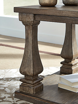 Homey. Hearty. Heavenly hued. Luring with a distressed weathered gray finish and square baluster legs set on a broad lower shelf for great presence, the Johnelle end table is sure to make your homestead feel that much more like home. The look is beautified with elm veneers and a framed and plank-effect tabletop for a richly crafted masterpiece made for years of satisfaction.Made of elm veneers, wood and engineered wood, with cast polyurethane components | Weathered gray finish | Plank-look framed tabletop | Assembly required | Estimated Assembly Time: 15 Minutes