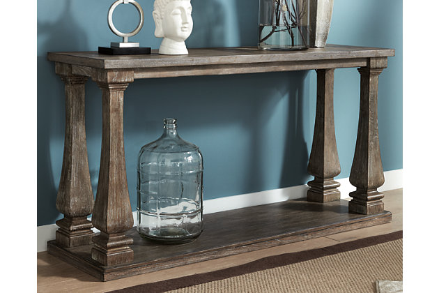 Homey. Hearty. Heavenly hued. Luring with a distressed weathered gray finish and square baluster legs set on a broad lower shelf for great presence, the Johnelle sofa table is sure to make your homestead feel that much more like home. The look is beautified with elm veneers and a framed and plank-effect tabletop for a richly crafted masterpiece made for years of satisfaction.Made of elm veneers, wood and engineered wood, with cast polyurethane components | Weathered gray finish | Plank-look framed tabletop | Assembly required | Estimated Assembly Time: 15 Minutes
