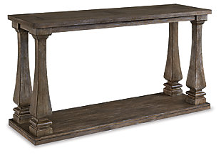 Homey. Hearty. Heavenly hued. Luring with a distressed weathered gray finish and square baluster legs set on a broad lower shelf for great presence, the Johnelle sofa table is sure to make your homestead feel that much more like home. The look is beautified with elm veneers and a framed and plank-effect tabletop for a richly crafted masterpiece made for years of satisfaction.Made of elm veneers, wood and engineered wood, with cast polyurethane components | Weathered gray finish | Plank-look framed tabletop | Assembly required | Estimated Assembly Time: 15 Minutes