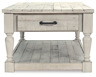With its distinctive whitewash finish, plank-effect styling and distressed touches that lend a reclaimed sensibility, the Shawnalore coffee table serves up a delightful twist on farmhouse style. Crafted with solid pine wood, this rustically refined coffee table is sure to satisfy for years to come.Made with solid pine wood | Distressed whitewash finish | Industrial pulls with silvery bronze-tone finish | 2 smooth-gliding drawers | Assembly required | Estimated Assembly Time: 15 Minutes