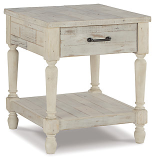 Inspired pieces create inspired spaces. The Shawnalore rectangular end table charms your home with farmhouse style. White textural finish highlights the weatherworn feel of the wood tones and purposeful nail holes. Roomy drawer puts essentials out of sight. Display fashionable books or decor on the planked tabletop and bottom shelf.Made of solid wood | Bronze-tone bar pull | 1 smooth-gliding drawer | 1 shelf | Assembly required | Estimated Assembly Time: 15 Minutes