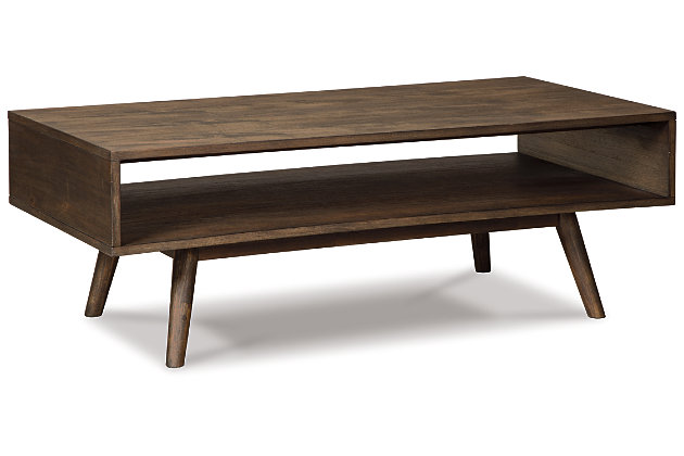 With its canted peg legs and low, linear profile, the Kisper coffee table is a mastery in mid-century minimalism. The look may be high-end gallery design, but the price is beautifully down to earth. Brushed dry brown finish is wonderfully easy on the eyes. Open shelving fuses form and function.Made of veneers, wood and engineered wood | Brushed dry brown finish | Open storage shelf | Canted legs for mid-century flair | Assembly required | Estimated Assembly Time: 15 Minutes
