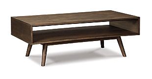 With its canted peg legs and low, linear profile, the Kisper coffee table is a mastery in mid-century minimalism. The look may be high-end gallery design, but the price is beautifully down to earth. Brushed dry brown finish is wonderfully easy on the eyes. Open shelving fuses form and function.Made of veneers, wood and engineered wood | Brushed dry brown finish | Open storage shelf | Canted legs for mid-century flair | Assembly required | Estimated Assembly Time: 15 Minutes