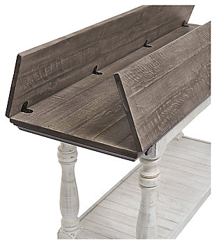 With its richly rustic finish and textural mix, the Havalance flip-top sofa table goes to town on bygone beauty. Its distressed two-tone treatment blends a weathered gray with vintage white for an utterly charming effect. Expecting company? Simply open the flip-top panels to instantly create an impromptu dining space.Made of pine wood, pine veneer and engineered wood | Two-tone distressed finish; weathered gray top and vintage white base | Flip-top design | Fixed lower shelf | Assembly required | Estimated Assembly Time: 30 Minutes