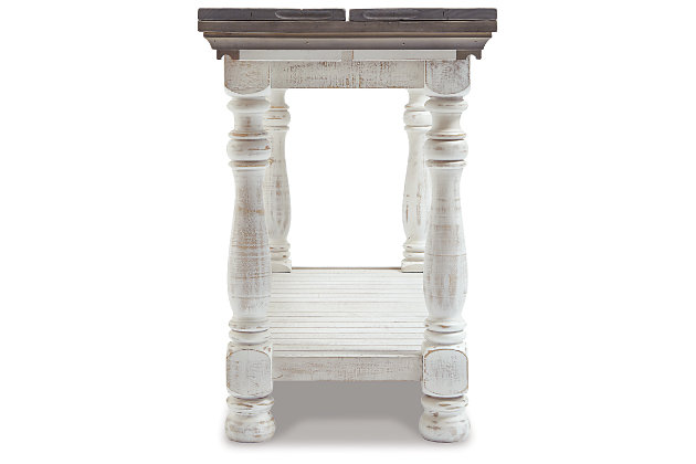 With its richly rustic finish and textural mix, the Havalance flip-top sofa table goes to town on bygone beauty. Its distressed two-tone treatment blends a weathered gray with vintage white for an utterly charming effect. Expecting company? Simply open the flip-top panels to instantly create an impromptu dining space.Made of pine wood, pine veneer and engineered wood | Two-tone distressed finish; weathered gray top and vintage white base | Flip-top design | Fixed lower shelf | Assembly required | Estimated Assembly Time: 30 Minutes
