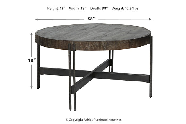 Round out your seating area with the Jillenhurst coffee table in a contemporary mixed-media design. Clean-lined metal base is simple, yet striking—while its rustic mango wood top is anything but ordinary. A rich tobacco-brown finish enhances the wood's tonal variation for a look sure to entice.Made of mango wood | Rich tobacco-brown finish | Metal frame with a raw steel-tone finish | X-base design | Assembly required | Estimated Assembly Time: 30 Minutes