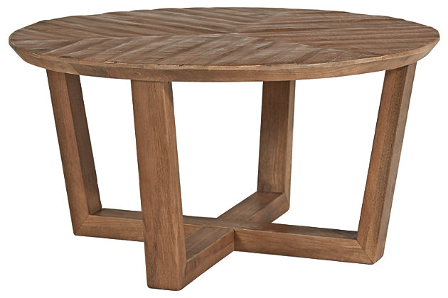 Round out your seating area with the Kinnshee coffee table in a contemporary round design. Angled legs are simple, yet striking—while its planked mango wood top is anything but ordinary. A rich, waxy finish enhances the wood's tonal variation for a look sure to entice.Made of mango wood | Clear, waxy finish | Angled legs with interlocking stretchers | Assembly required | Estimated Assembly Time: 15 Minutes