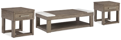 Loyaska Coffee Table with 2 End Tables, Grayish Brown/White