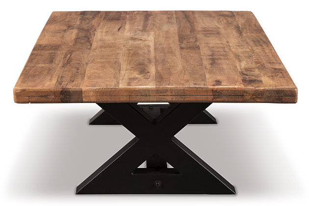 Topped with a rich, thick slab of sustainable mango wood, bathed in a light rustic finish, Wesling coffee table wows with clean-lined style and a hearty presence. Classic X-brace base with stretcher is crafted of a contrasting metal for a merge of mixed media elements and a touch of modern industrial.Made of wood and metal | Mango wood tabletop with plank design | Metal base with rustic black finish | Assembly required
