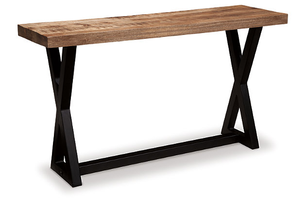 Topped with a rich, thick slab of sustainable mango wood, bathed in a light rustic finish, Wesling sofa table wows with clean-lined style and a hearty presence. Classic X-brace base with stretcher is crafted of a contrasting metal for a merge of mixed media elements and a touch of modern industrial.Made of wood and metal | Metal base with rustic black finish | Mango wood tabletop with plank design | Assembly required