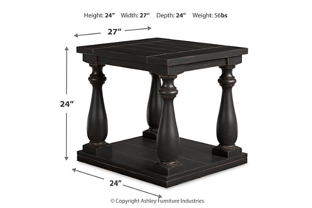 The Mallacar black end table has a dramatic presence—exactly what an eclectically styled room needs. Solid wood planks and thick veneer merge seamlessly together for a hearty helping of style. Handsomely turned legs connect to a lower shelf flush with the floor. A rustic wirebrush technique gives this stunning square end table in black with show-through contrasting just enough of a weathered sensibility. End table made of veneers, wood and engineered wood | Rich black finish with show-through effect | Lower shelf provides essential display and storage space | Made of veneers, wood and engineered wood | Saw cut planking | Rustic wirebrush details give the table a weathered aesthetic | Assembly required | Estimated Assembly Time: 15 Minutes