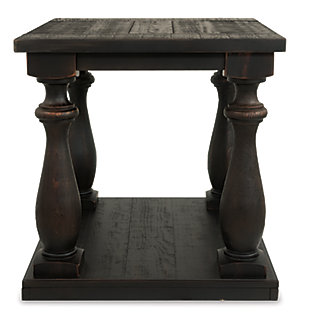 The Mallacar black end table has a dramatic presence—exactly what an eclectically styled room needs. Solid wood planks and thick veneer merge seamlessly together for a hearty helping of style. Handsomely turned legs connect to a lower shelf flush with the floor. A rustic wirebrush technique gives this stunning square end table in black with show-through contrasting just enough of a weathered sensibility. End table made of veneers, wood and engineered wood | Rich black finish with show-through effect | Lower shelf provides essential display and storage space | Made of veneers, wood and engineered wood | Saw cut planking | Rustic wirebrush details give the table a weathered aesthetic | Assembly required | Estimated Assembly Time: 15 Minutes