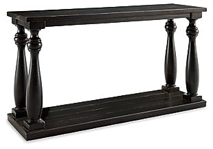 The Mallacar black sofa table has a dramatic presence—exactly what an eclectically styled room needs. Solid wood planks and thick veneer merge seamlessly together for a hearty helping of style. Handsomely turned legs connect to a lower shelf flush with the floor. A rustic wirebrush technique gives this stunning sofa end table in black with show-through contrasting just enough of a weathered sensibility.Sofa table made of veneers, wood and engineered wood | Rich black finish with show-through effect | Lower shelf provides essential display and storage space | Made of veneers, wood and engineered wood | Saw cut planking | Rustic wirebrush details give the table a weathered aesthetic | Assembly required | Estimated Assembly Time: 15 Minutes