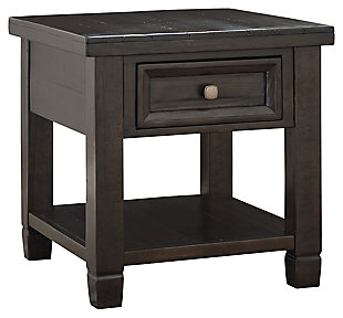 Inspired by the timeless appeal of American classic furnishings—where clean lines, sturdy silhouettes and thoughtful detailing speak volumes—Townser end table revisits tradition in style. Rough milled pine is naturally textured and enhanced by a deep finish with gray undertones. Single drawer and undermount shelf storage make Townser all the more functional.Display shelf | Qualifies for Free Standard Shipping | Made of pine wood and manmade wood | Aged pewter-tone hardware | Plank-style surfaces | Smooth-gliding drawer with dovetail construction