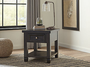 Inspired by the timeless appeal of American classic furnishings—where clean lines, sturdy silhouettes and thoughtful detailing speak volumes—Townser end table revisits tradition in style. Rough milled pine is naturally textured and enhanced by a deep finish with gray undertones. Single drawer and undermount shelf storage make Townser all the more functional.Display shelf | Qualifies for Free Standard Shipping | Made of pine wood and manmade wood | Aged pewter-tone hardware | Plank-style surfaces | Smooth-gliding drawer with dovetail construction