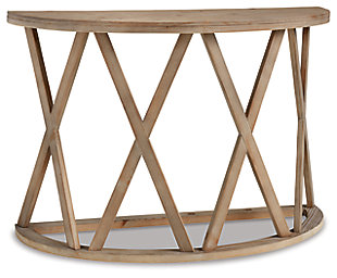 In the case of the Glasslore sofa table, X marks the spot of your exceptionally good taste. Crafted with pine wood enriched with a light brown finish with saw kerf distressing. Plank effect top and sculptural base with repeated "X" motifs make it a striking choice in rustic, transitional style.Made of pine wood | Light brown finish | Assembly required | Estimated Assembly Time: 30 Minutes