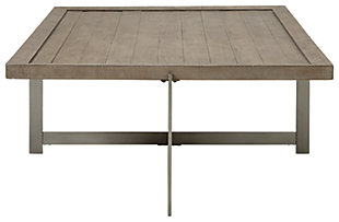 Take a stance for minimalism done right with the Krystanza coffee table. Crafted with earthy elegant pine veneer and wood, the tray top is beautified with a weathered gray finish. Linear metal legs in aged pewter-tone make quite the striking complement for your open-concept space.Top made of pine veneer, wood and engineered wood in a weathered gray finish | Pewter-tone metal legs | Assembly required | Estimated Assembly Time: 30 Minutes