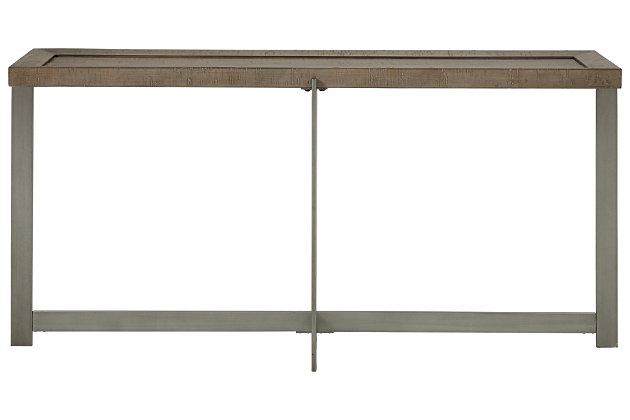 Take a stance for minimalism done right with the Krystanza sofa table. Crafted with earthy elegant pine veneer and wood, the tray top is beautified with a weathered gray finish. Linear metal legs in aged pewter-tone make quite the striking complement for your open-concept space.Top made of pine veneer, wood and engineered wood in a weathered gray finish | Pewter-tone metal legs | Assembly required | Estimated Assembly Time: 30 Minutes