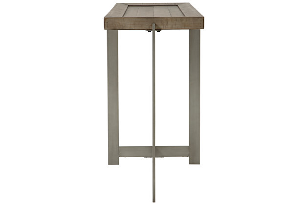 Take a stance for minimalism done right with the Krystanza sofa table. Crafted with earthy elegant pine veneer and wood, the tray top is beautified with a weathered gray finish. Linear metal legs in aged pewter-tone make quite the striking complement for your open-concept space.Top made of pine veneer, wood and engineered wood in a weathered gray finish | Pewter-tone metal legs | Assembly required | Estimated Assembly Time: 30 Minutes