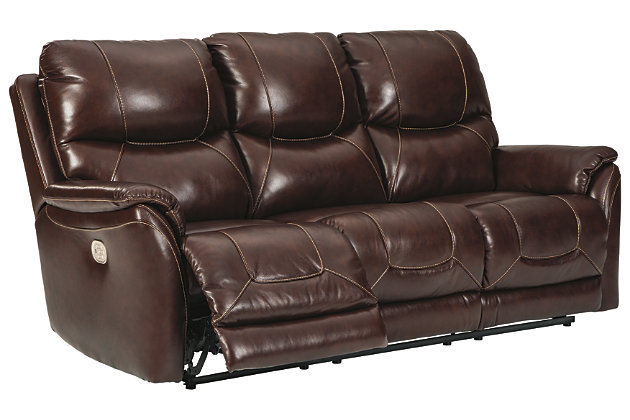 What could be better than the indulgent feel of genuine leather? How about fashion-forward looks to match. And a one-touch power control that delivers unsurpassed comfort and support. Rest assured, the Mancelona power reclining sofa with 43" high back is designed to pamper from head to toe. Sporting a real leather seating area for buttery-soft pleasure, this contemporary reclining sofa with distinctive jumbo stitching takes it up a notch with one-touch power lumbar support and an Easy View™ power adjustable headrest that lets you fully recline and still have a primo view of the TV. Let’s not forget the USB plug-in that lets you recharge while you unwind.Dual-sided recliner; middle seat remains stationary | One-touch power control with adjustable positions, Easy View™ adjustable headrest, power lumbar support and USB plug-in | Corner-blocked frame with metal reinforced seat | Attached cushions | High-resiliency foam cushions wrapped in thick poly fiber | Leather interior upholstery; vinyl/polyester exterior upholstery | Power cord included; UL Listed