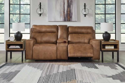Game Plan Dual Power Leather Reclining Loveseat with Console Leather, Caramel