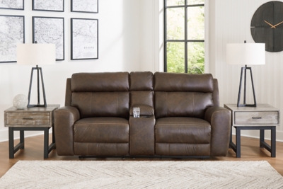 Roman Dual Power Leather Reclining Loveseat with Console, Umber