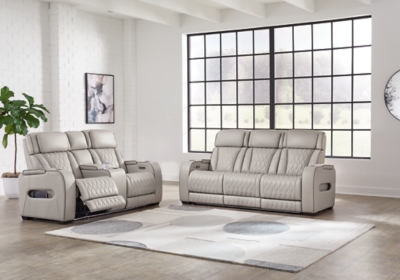 Boyington Triple Power Leather Reclining Sofa and Loveseat Set, Gray