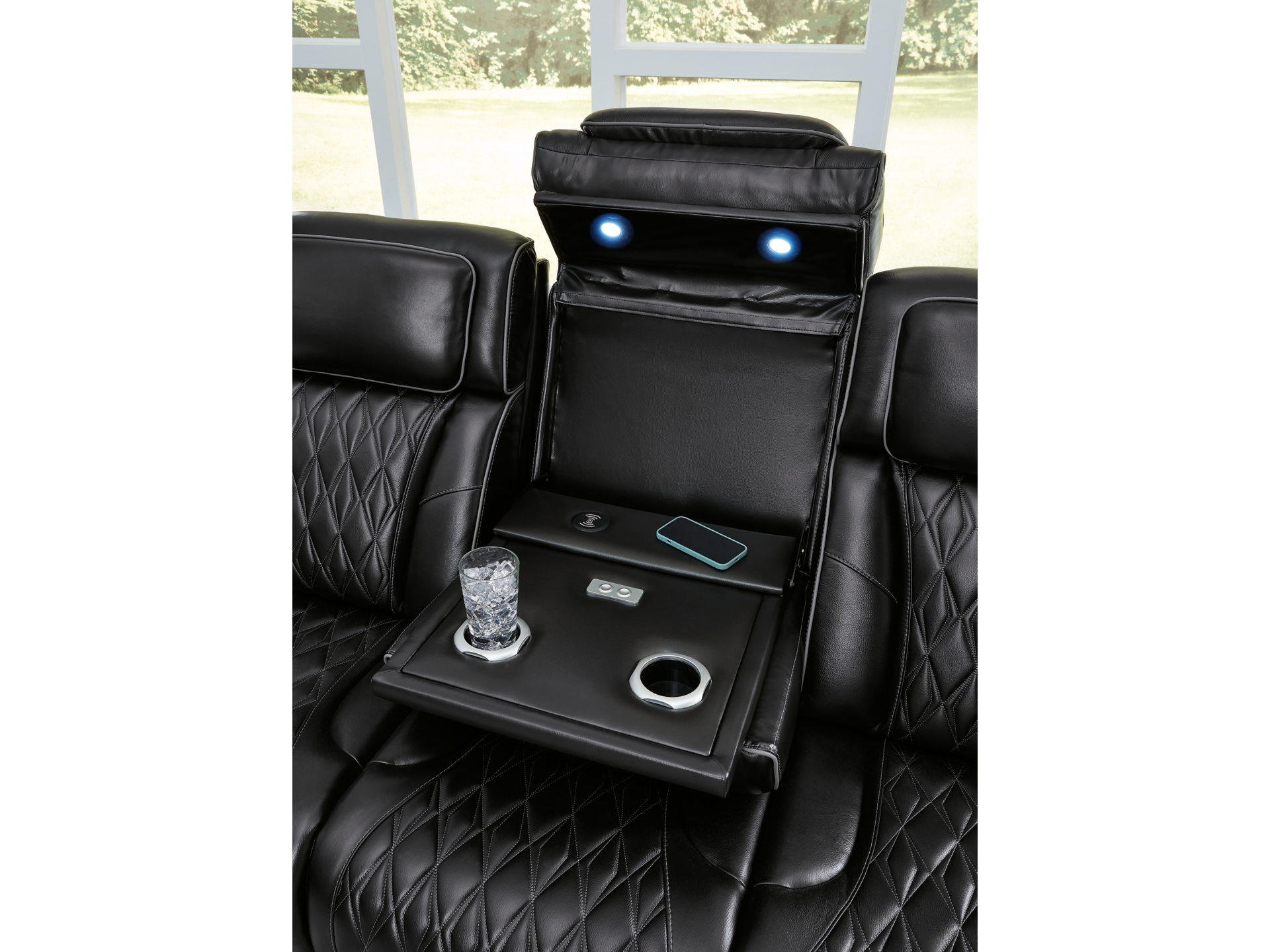 Image 2 of Boyington Triple Power Leather Reclining Sofa and Loveseat Set black